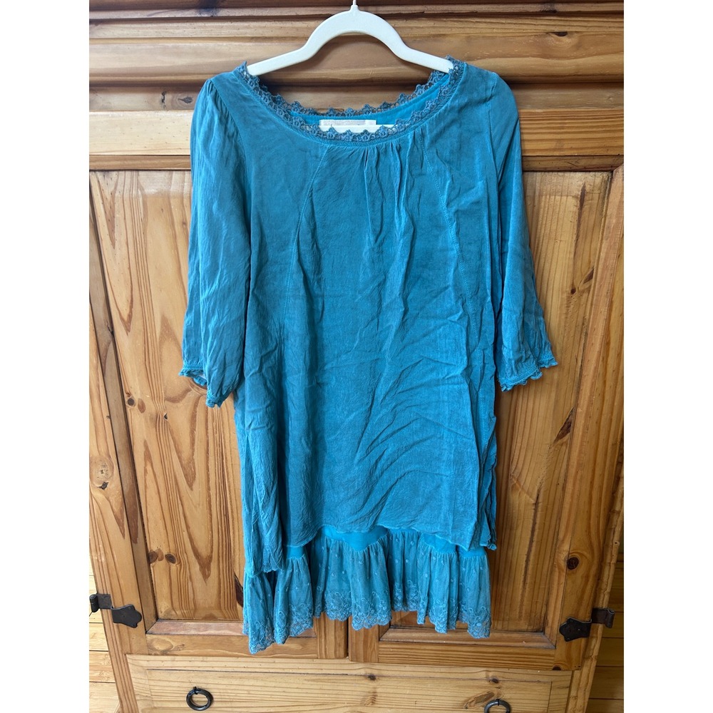 Urban Mangoz Teal Blue Rayon Mini Dress Crochet Lace Trim‎ Boho Embroidered M